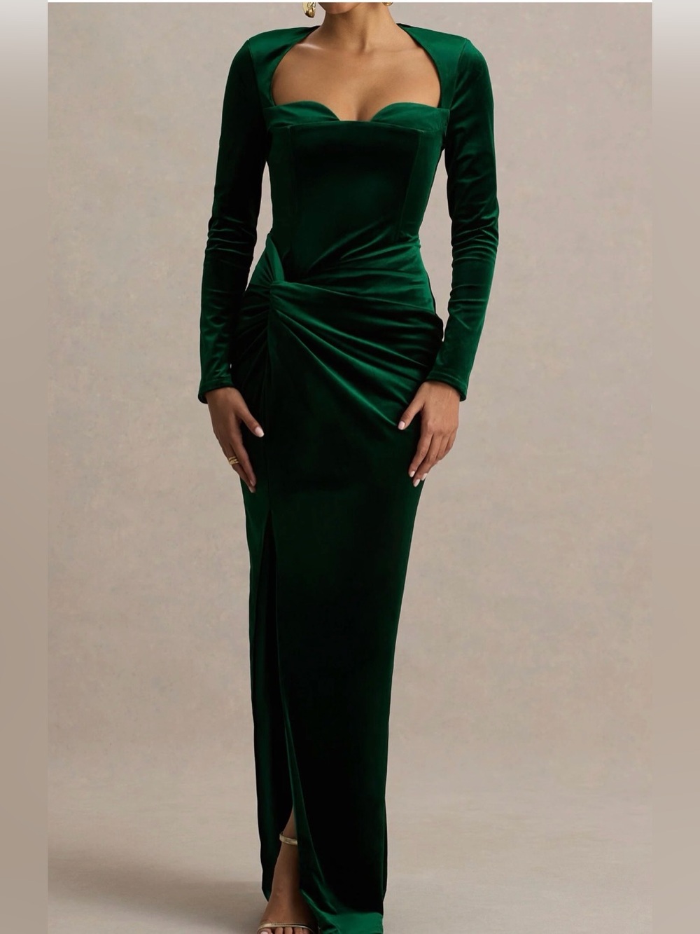 Club L London Emerald Green Velvet Long Sleeve Evening Gown 6